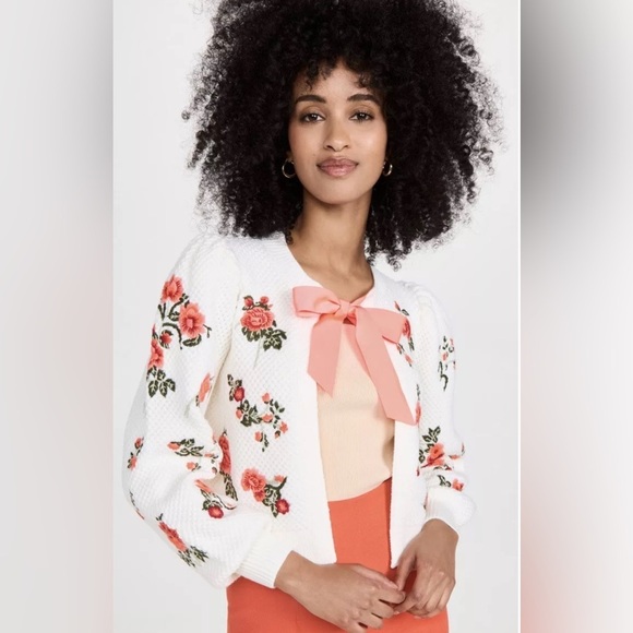 ALICE + OLIVIA Kitty Floral Embroidered Puff Sleeve Wool Cardigan Size Med NWT - Picture 2 of 11